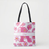Monogram Initiaal Roze Daisies Waterverf Bloemen Tote Bag (Voorkant)