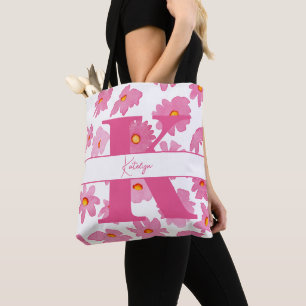 Monogram Initiaal Roze Daisies Waterverf Bloemen Tote Bag