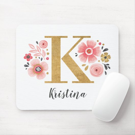 Monogram Initiaal Roze Floral Muismat (Met muis)