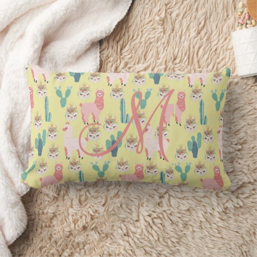 Monogram Initiaal Roze Gele Lama Kinderkamer voor  Kussen (Deken)