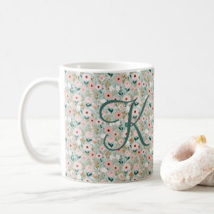 Monogram Initiaal Roze Groen Aquarel Bloemen Koffiemok