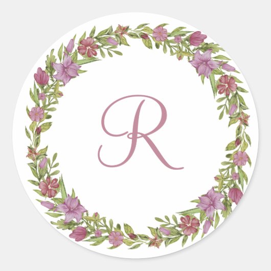 Monogram Initiaal Roze Paarse Groene Floral Wreate Ronde Sticker (Voorkant)
