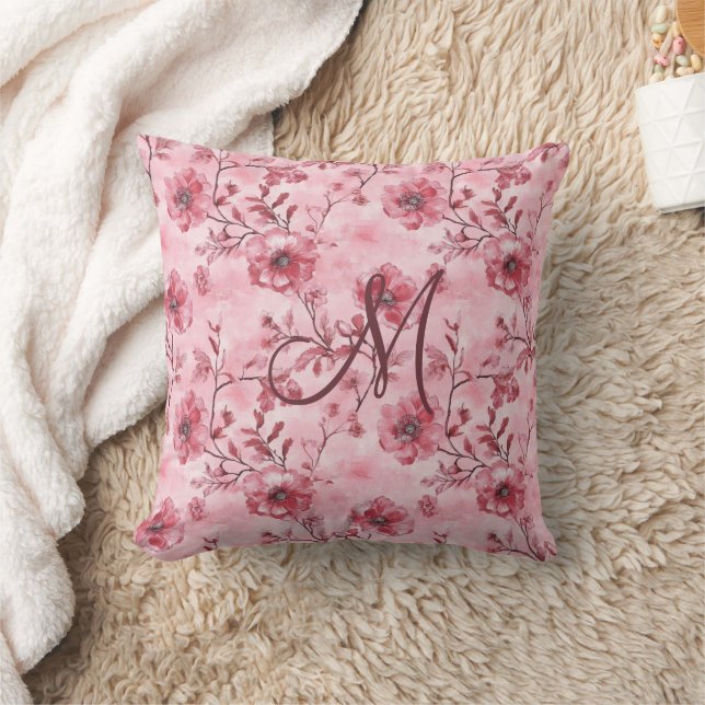 Monogram Initiaal Roze Rose Bourgogne Bloemen Kussen (Deken)