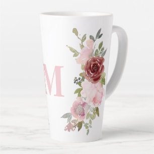 Monogram Initiaal Roze Rose Waterverf Bloemen Latte Mok