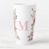 Monogram Initiaal Roze Rose Waterverf Bloemen Latte Mok (Voorkant)
