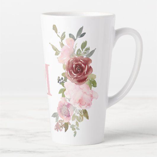 Monogram Initiaal Roze Rose Waterverf Bloemen Latte Mok (Rechts)