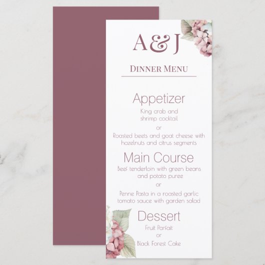 Monogram-Initiaal Roze & Witte Hydrangea Bloemen Menu (Voorkant / Achterkant)