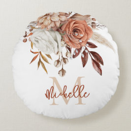 Monogram Initiaal Rustic Terracotta Florals Rond Kussen