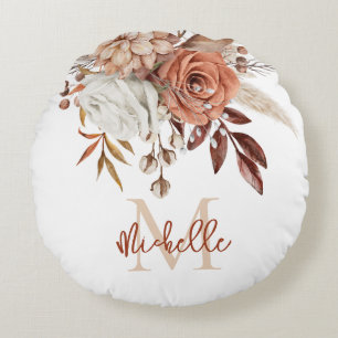 Monogram Initiaal Rustic Terracotta Florals Rond Kussen