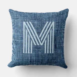 Monogram Initiaal Rustiek Blauw Denim Groot Kussen