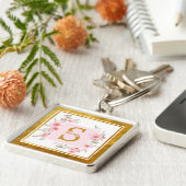 Monogram Initiaal "S" Bloem - Roze Rozen & Goud Sleutelhanger (Zijkant)