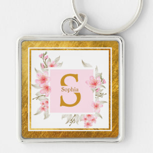 Monogram Initiaal "S" Bloem - Roze Rozen & Goud Sleutelhanger
