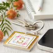 Monogram Initiaal "S" Bloem - Roze Rozen & Goud Sleutelhanger (Voorkant Rechts)