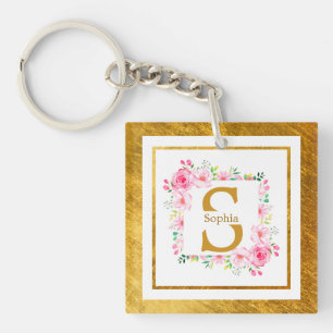 Monogram Initiaal "S" Bloem - Roze Rozen & Goud Sleutelhanger