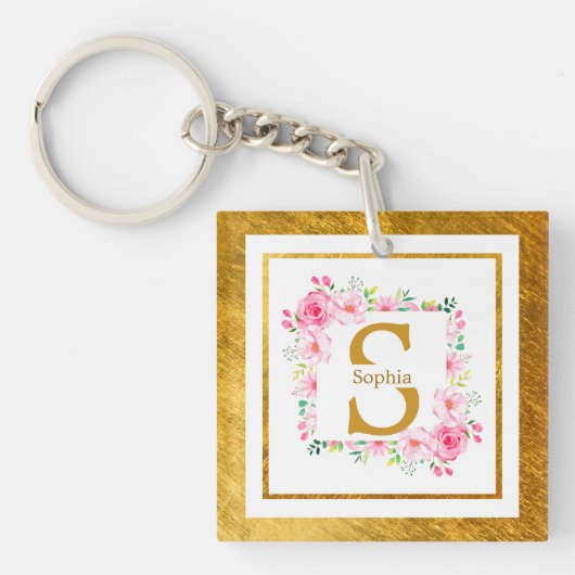 Monogram Initiaal "S" Bloem - Roze Rozen & Goud Sleutelhanger (voorkant)