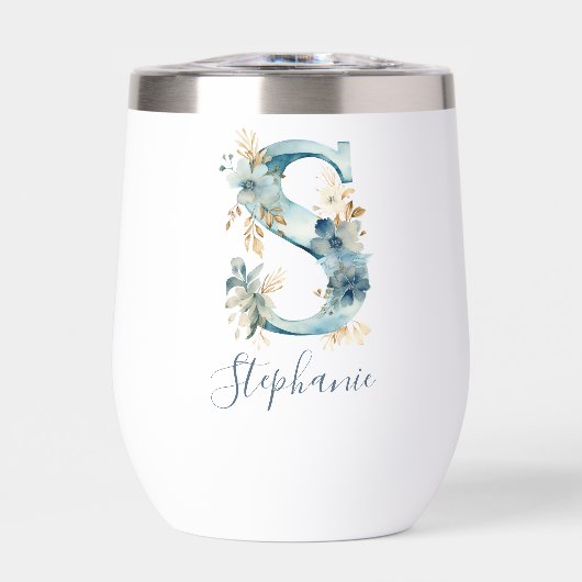 Monogram Initiaal S Blue Floral Waterverf Gift Haa (Voorkant)