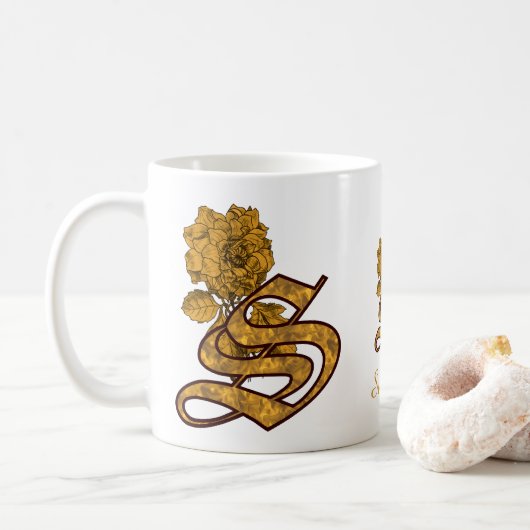 Monogram Initiaal S Elegante Gouden Pioen Personal Koffiemok (Met donut)