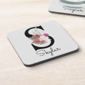 Monogram Initiaal S roze Boho Floral Bier Onderzetter (Linkerzijde)