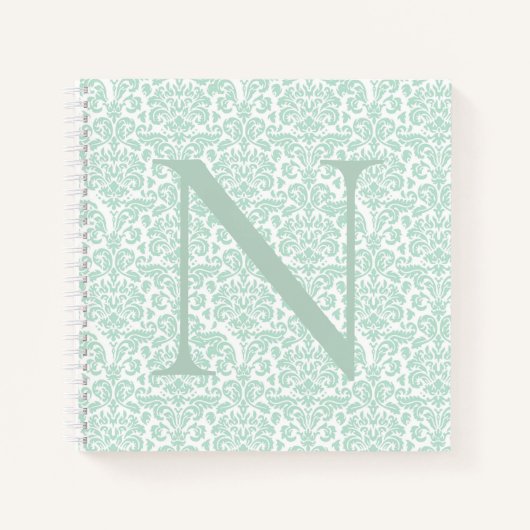 Monogram Initiaal Sage Green Damask Notitieboek (Voorkant)