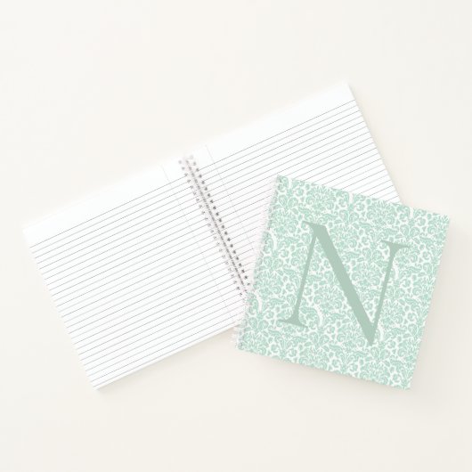 Monogram Initiaal Sage Green Damask Notitieboek (Binnen)