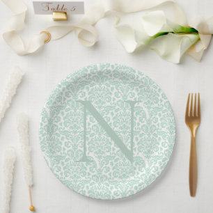 Monogram Initiaal Sage Green Damask Papieren Bordje