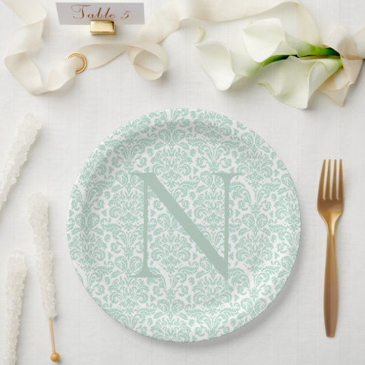 Monogram initiaal sagegroene damast papieren bordje (Huwelijk)