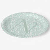 Monogram initiaal saliegroen damast papieren bordje (Gekanteld)