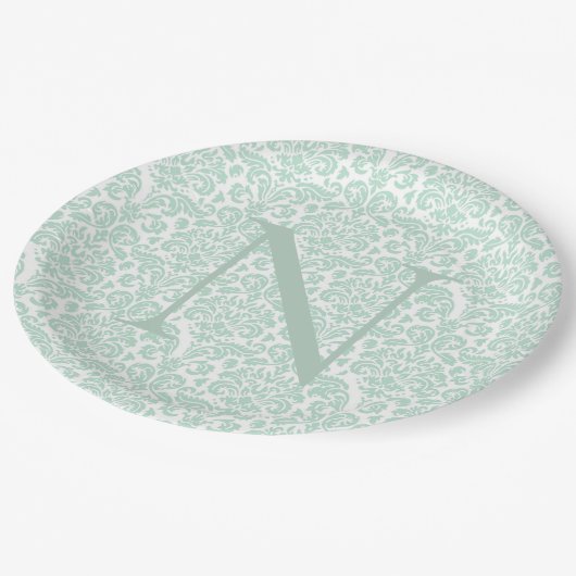 Monogram initiaal saliegroen damast papieren bordje (Gekanteld)