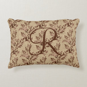 Monogram Initiaal Script Bruine Roos Gouden Blader Accent Kussen