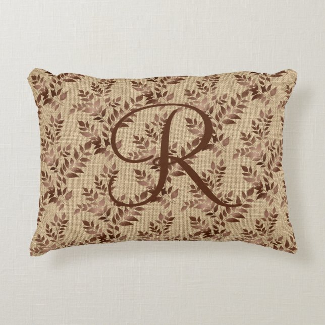 Monogram Initiaal Script Bruine Roos Gouden Blader Accent Kussen (Voorkant)