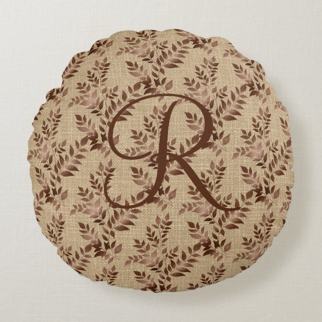 Monogram Initiaal Script Bruine Roos Gouden Blader Rond Kussen (Voorkant)