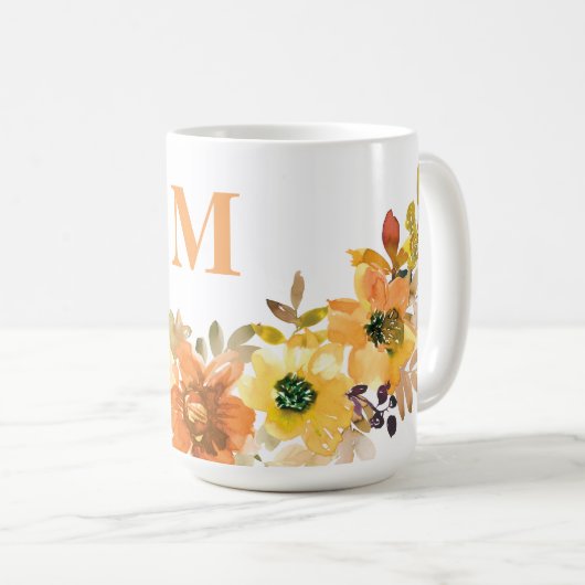 Monogram Initiaal Sinaasappel Waterverf Bloemen He Koffiemok (Voorkant rechts)