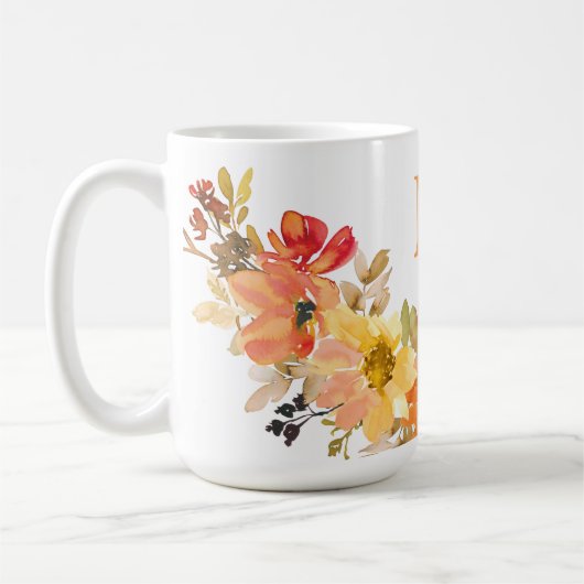 Monogram Initiaal Sinaasappel Waterverf Bloemen He Koffiemok (Links)