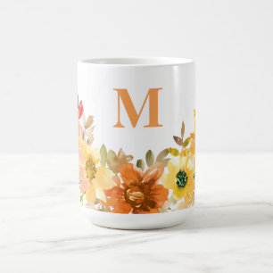 Monogram Initiaal Sinaasappel Waterverf Bloemen He Koffiemok