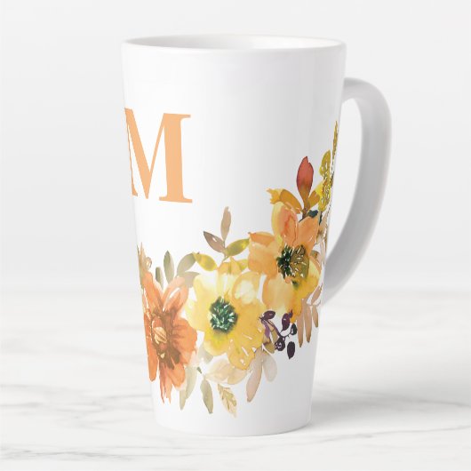Monogram Initiaal Sinaasappel Waterverf Bloemen He Latte Mok (Rechterhoek)