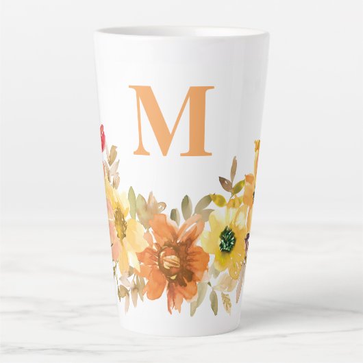 Monogram Initiaal Sinaasappel Waterverf Bloemen He Latte Mok (Voorkant)