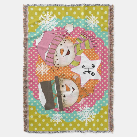 Monogram Initiaal Snowmen op Multi Dot Throw Deken (Voorkant Verticaal)