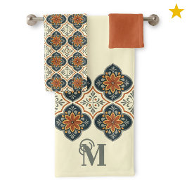 Monogram Initiaal Spaanse Tegels Bloemmotief  Bad Handdoek