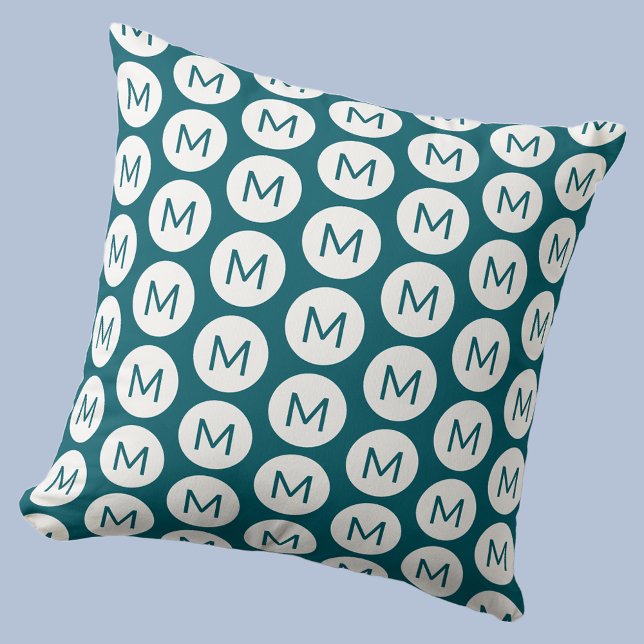 Monogram Initiaal Spot Pattern Gepersonaliseerd Bl Kussen (Polka dot spot pattern modern monogram initial personalized throw pillow In teal green)