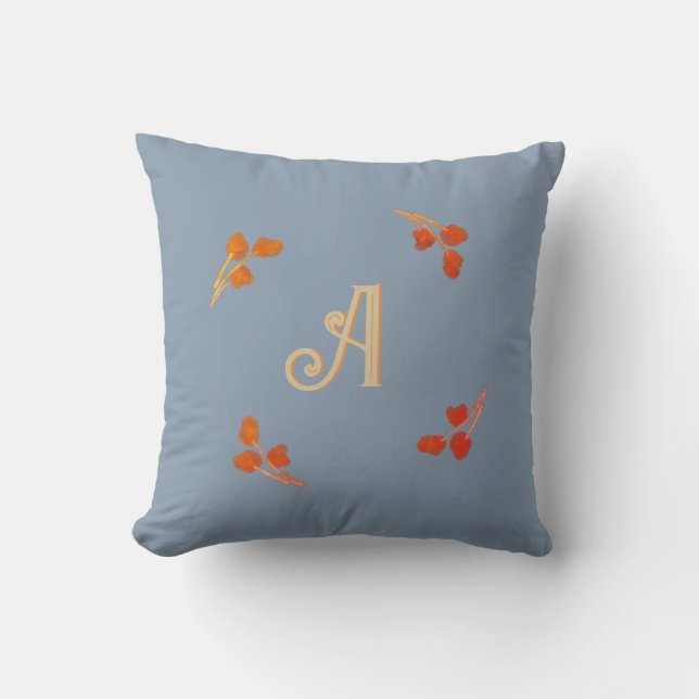 Monogram Initiaal Stof Blauw Retro Rode Sinaasappe Kussen (Voorkant)