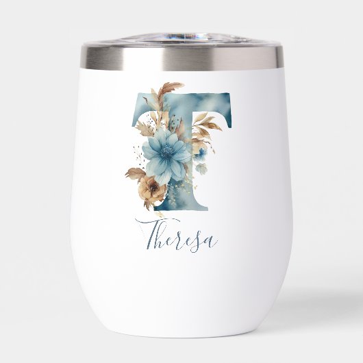 Monogram Initiaal T Blauwe Bloemrijke Waterverf Ca (Voorkant)