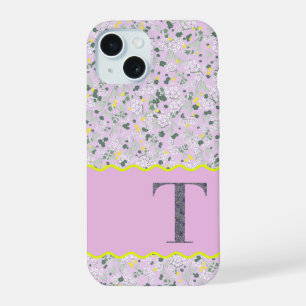 MONOGRAM INITIAAL T LILA KLEINE BLOEMJES iPhone 15 CASE