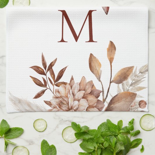 Monogram Initiaal Terracotta Florals Pampas Theedoek (Gevouwen)