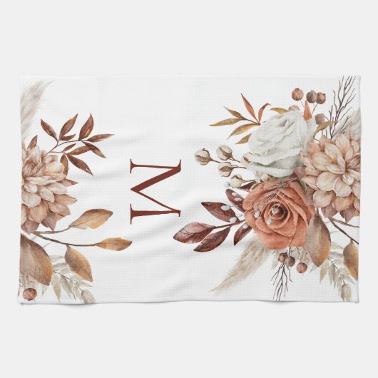 Monogram Initiaal Terracotta Florals Pampas Theedoek (Horizontaal)
