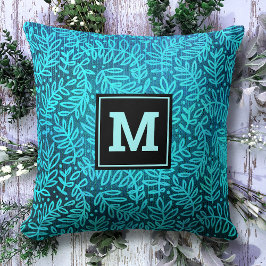 Monogram initiaal turquoise bladpatroon modern kussen