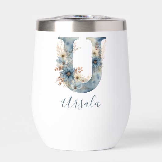 Monogram Initiaal U Blauwe Bloemrijke Waterverf Ca (Voorkant)
