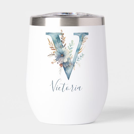 Monogram Initiaal V Blauw Bloemrijk Aquarel Cadeau (Voorkant)
