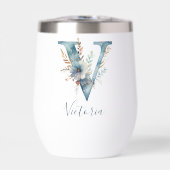 Monogram Initiaal V Blauwe Bloemen Waterverf Gift (Voorkant)