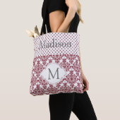 Monogram Initiaal van Maroon en White Girly Trendy Tote Bag (Dichtbij)