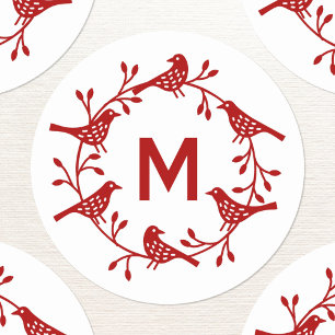 Monogram Initiaal Vogelkrans Scandinavisch Ronde Sticker